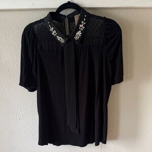 Misia Black Jeweled Collar Tie-Neck Blouse